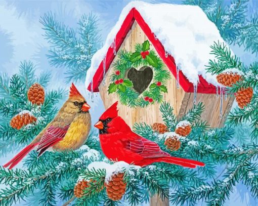 Winter Snow Christmas Birds House paint by number