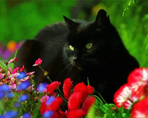 Black Cat And Flowers paint by number