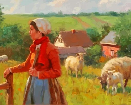 Aesthetic Girl With Sheep Illustration paint by number