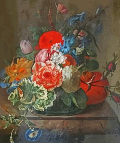 Flowers In A Glass Vase On A Marble Ledge By Rachel Ruysch paint by number