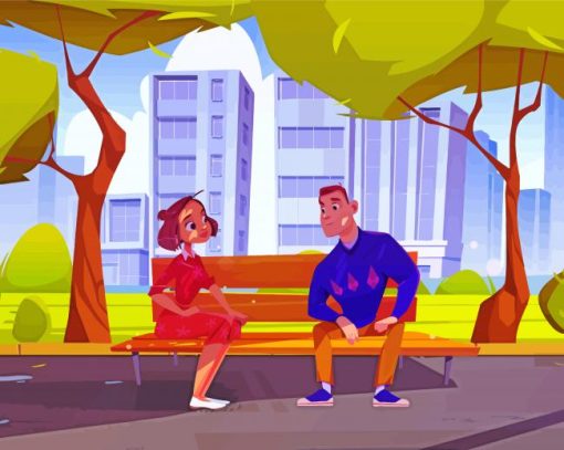 Cartoon Couple On A Bench Paint by number