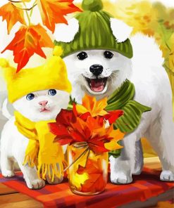 Cat And Dogs In Autumn paint by number