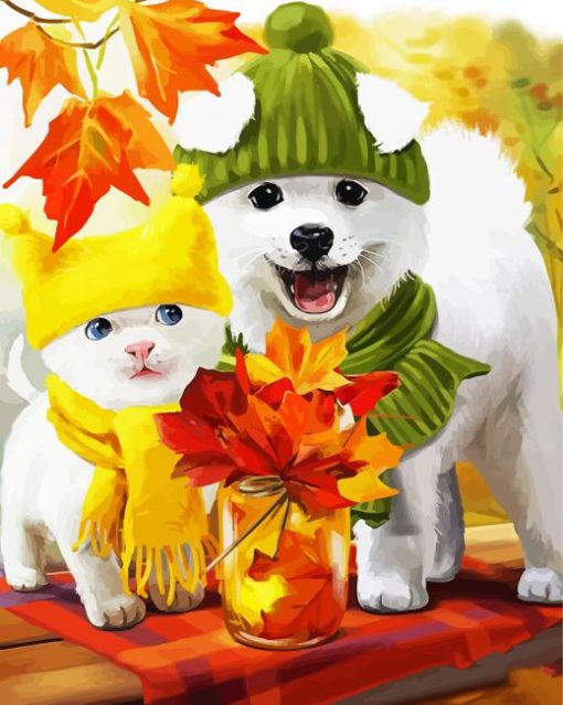 Cat And Dogs In Autumn paint by number