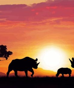 Family Rhino Sunset paint by number