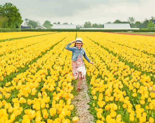 Girl Running Through Yellow Flowers Field paint by number