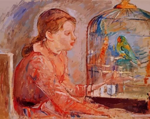 Girl And Budgies In Cage paint by number