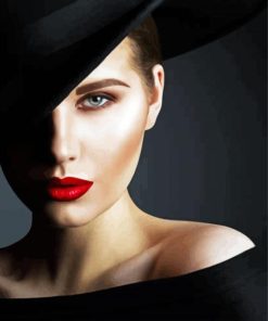 Gorgeous Lady In Black Hat With Bright Lipstick paint by number