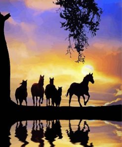 Horse Herd In Water Sunset paint by number